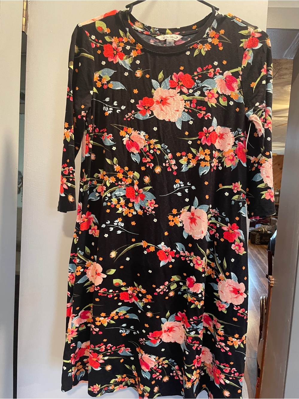 Pioneer Woman Black Floral Midi Dress with Pink Blooms size XS